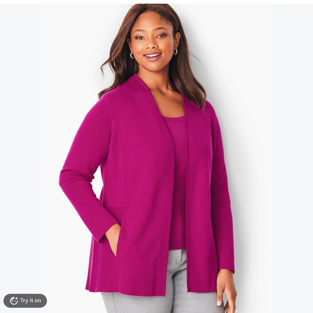 Talbots Womens Merino Wool Open Front Cardigan Sweater 1X Fuschia Scalloped Fall